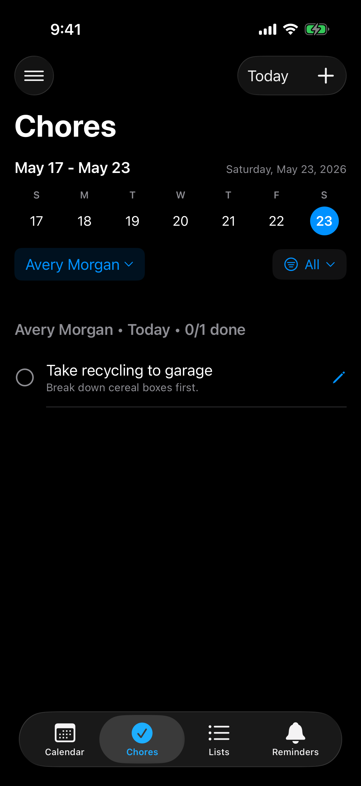 Berg App chores screen showing assigned recurring tasks