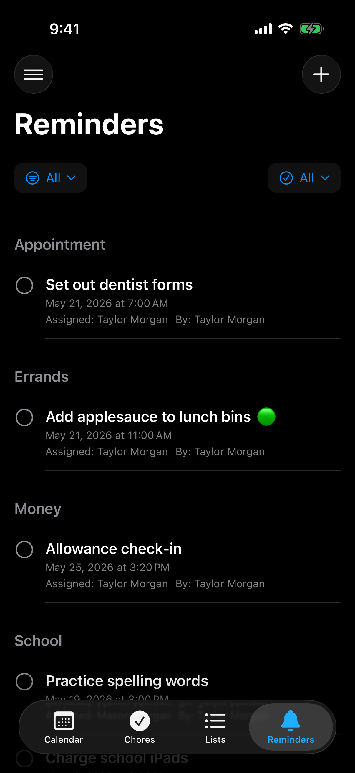 Berg App reminders screen with household reminders and filters