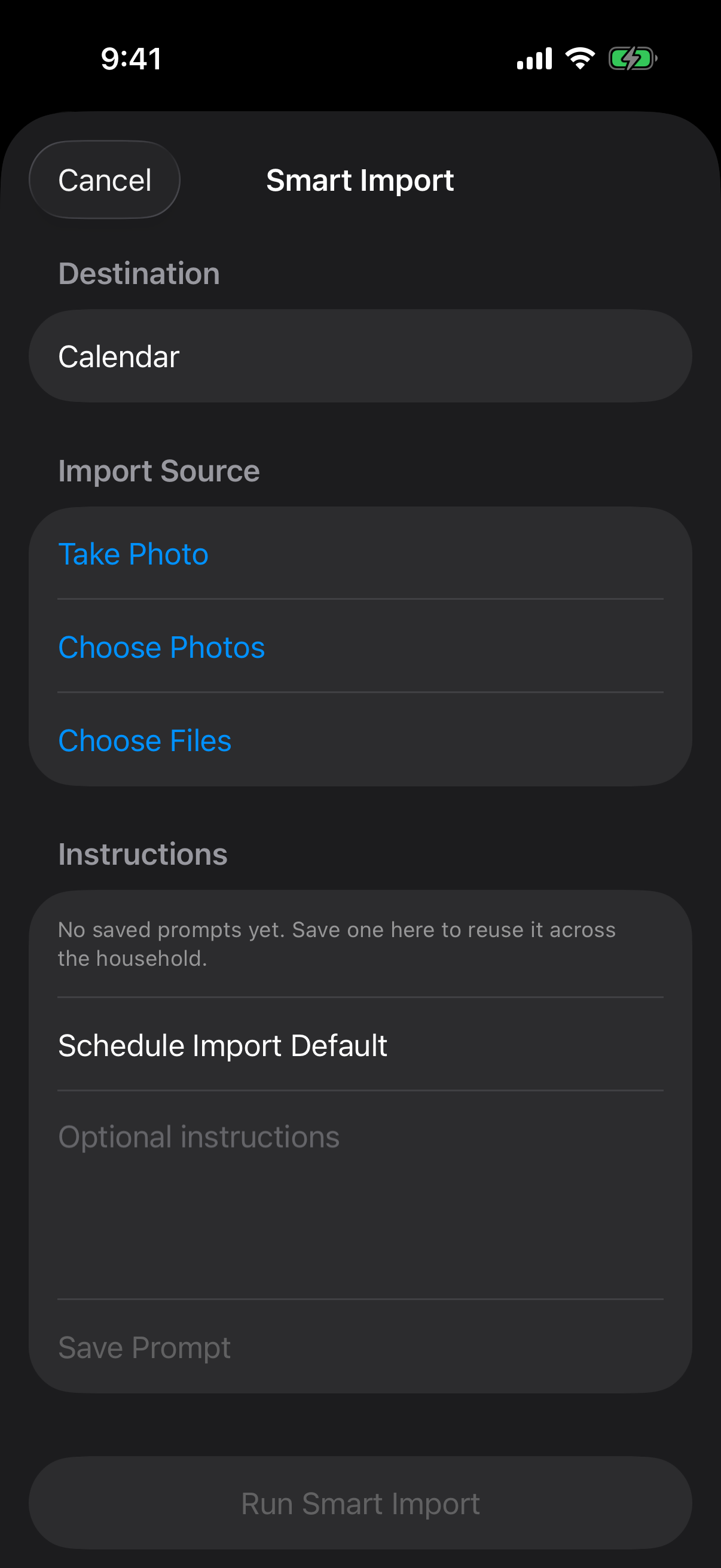 Berg App Smart Import screen showing photo, file, and saved prompt options for schedule import