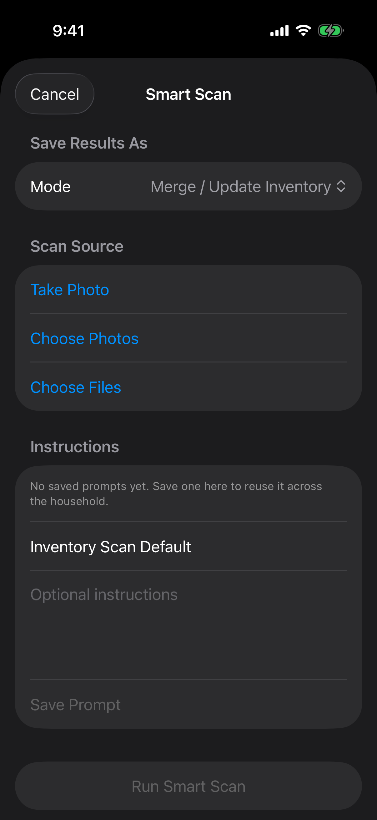 Berg App Smart Scan screen for pantry and inventory capture