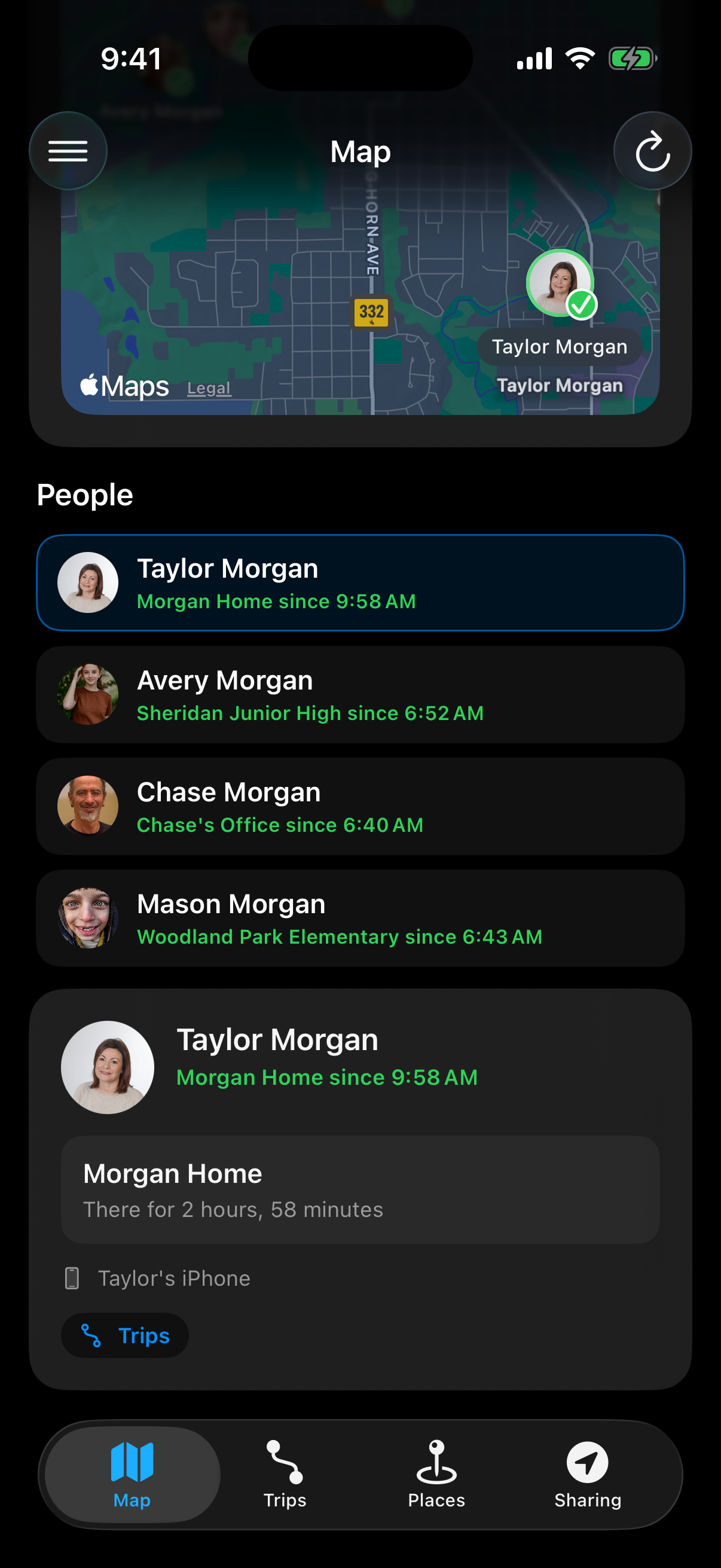 Berg App map screen showing multiple household members