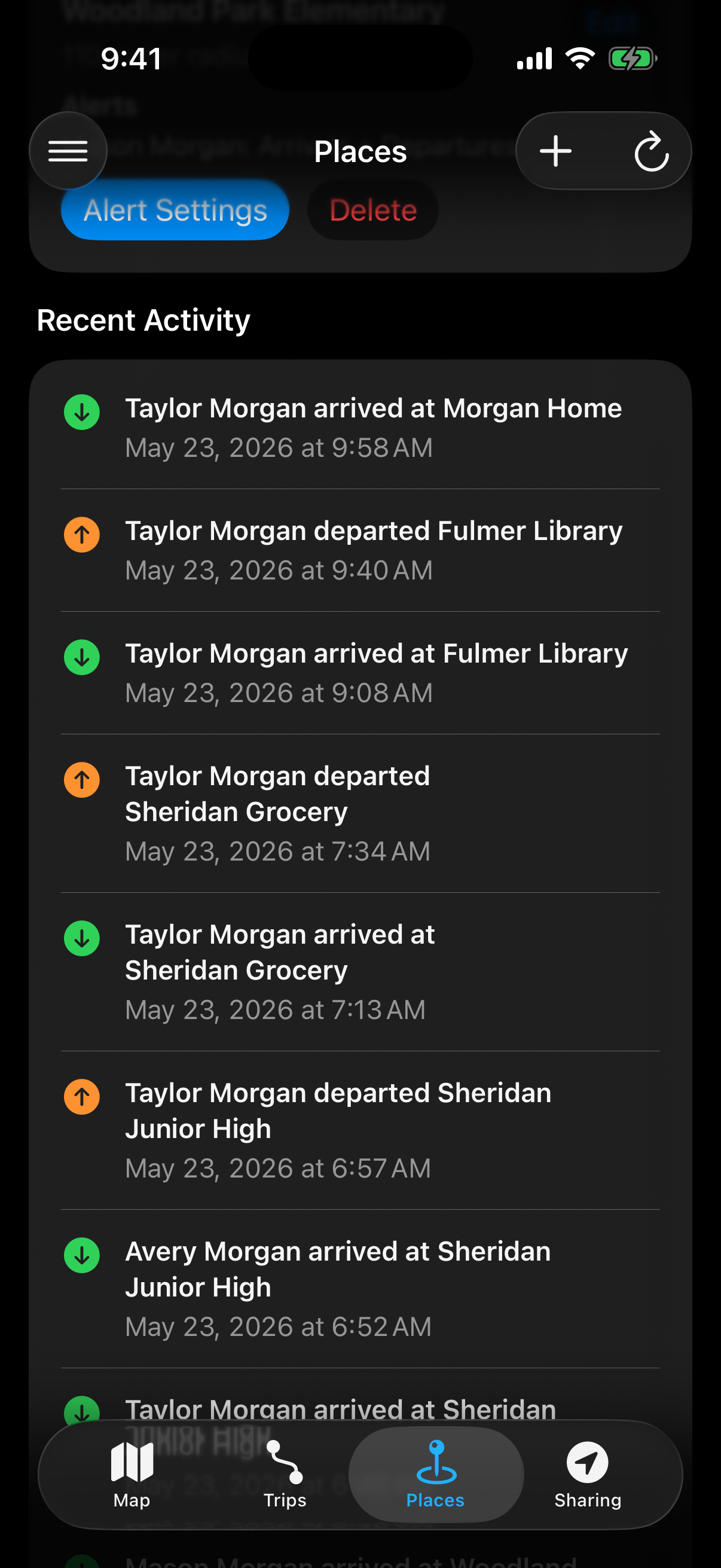 Berg App places screen with saved places and activity alerts
