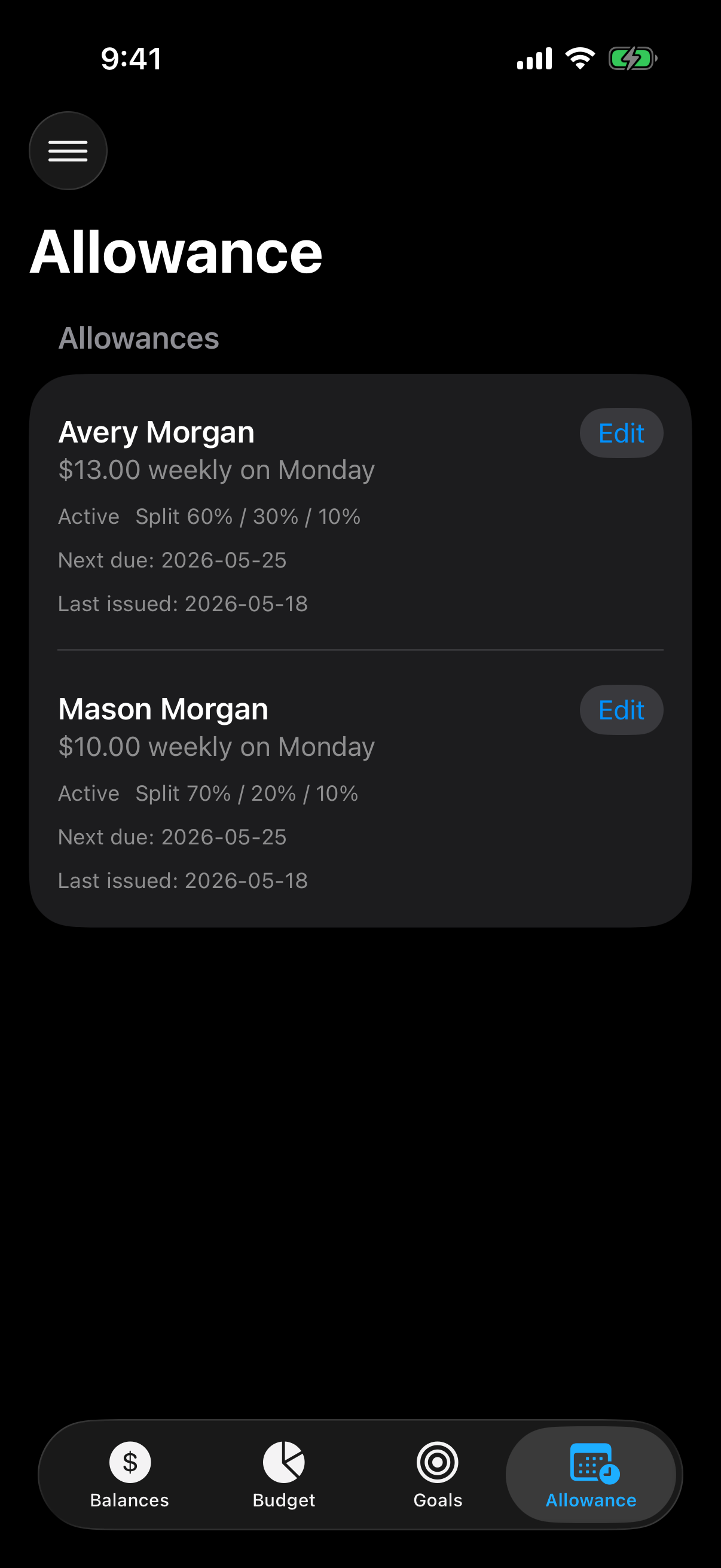 Berg App Money allowance screen showing recurring allowance schedules