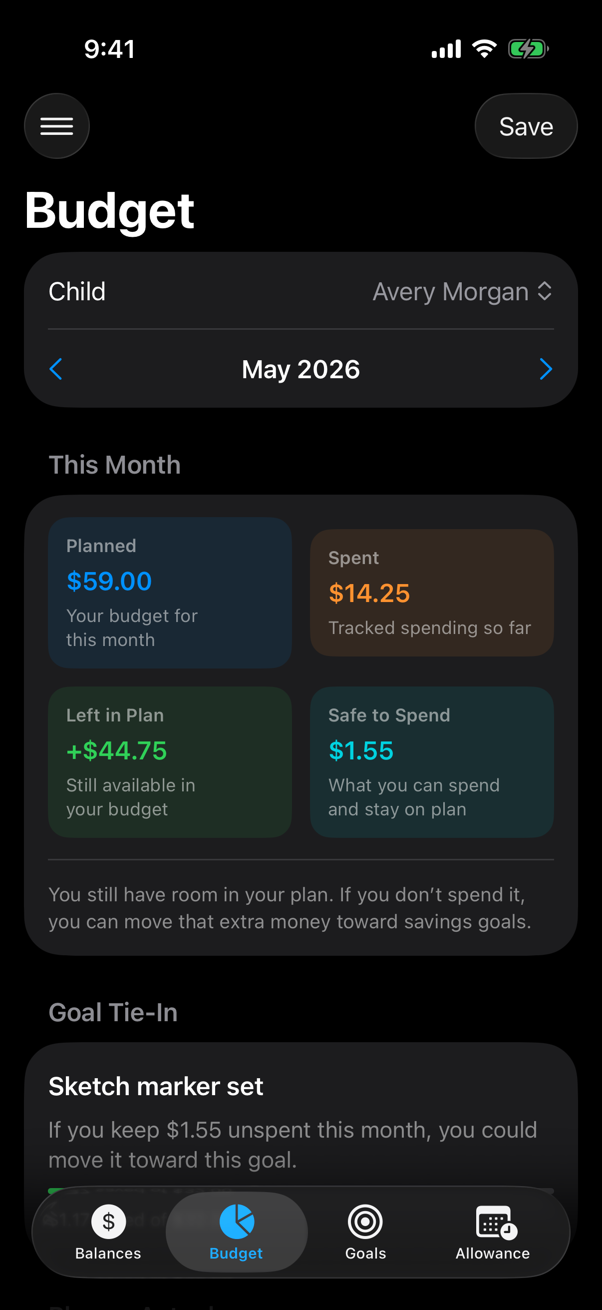 Berg App Money budget screen showing child monthly categories