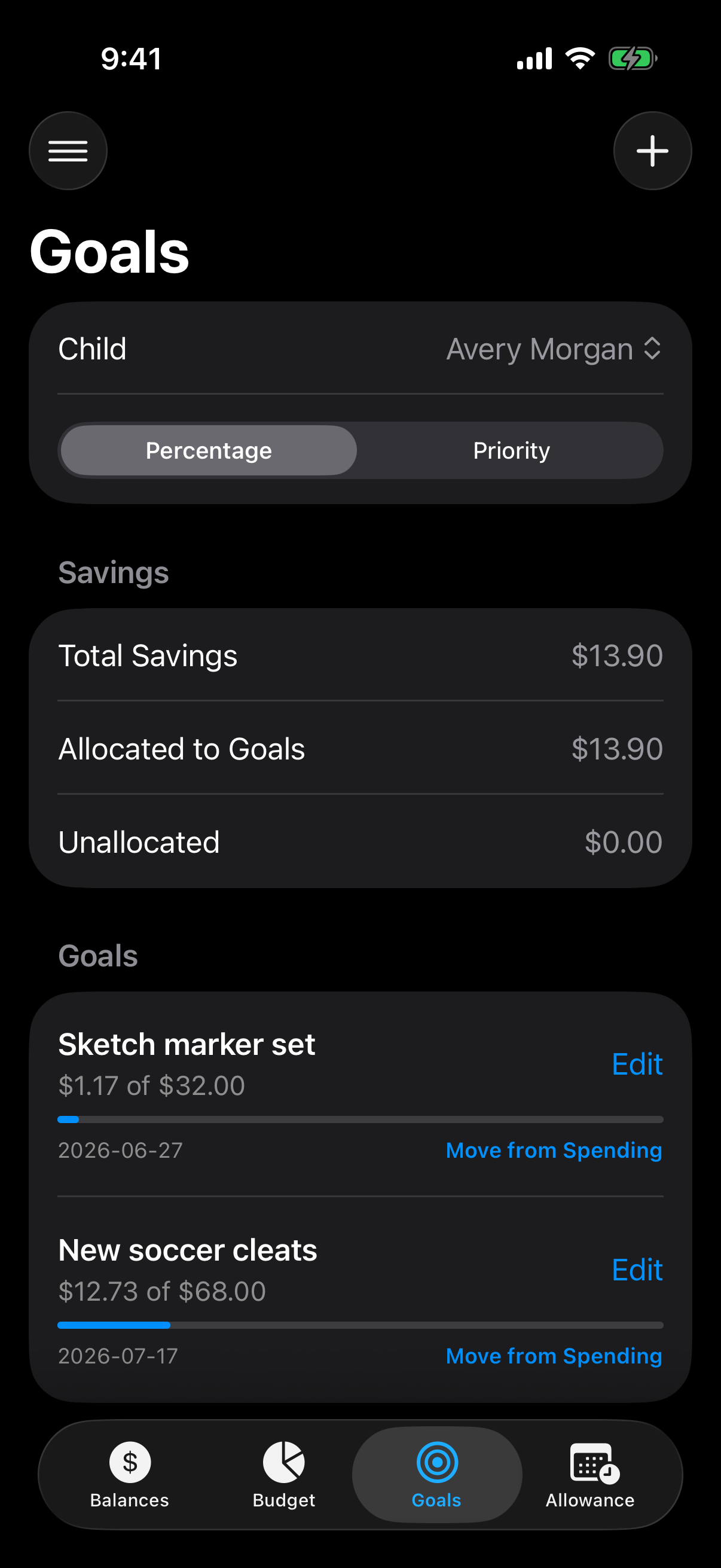 Berg App Money goals screen showing savings goals